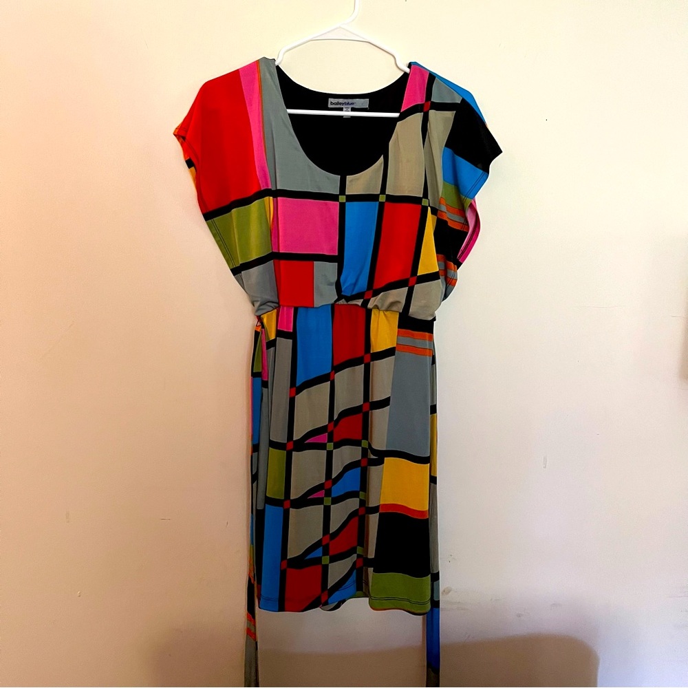 Bailey Blue short sleeve color block dress with tie wrap